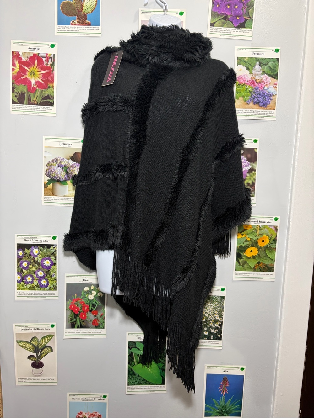 Black Faux-Fur Trim Poncho - Women’s Cozy Layering Wrap